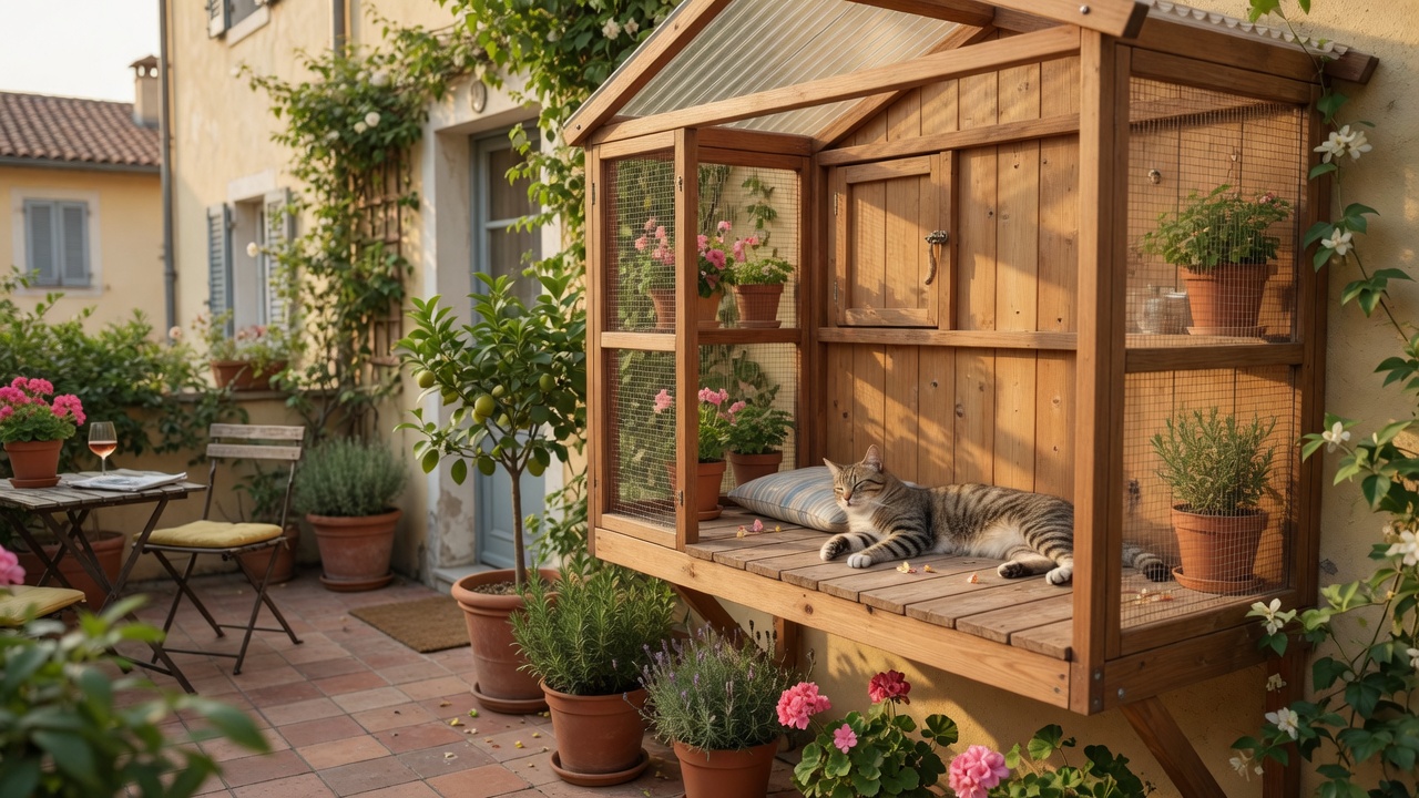 Kész catio napfényben, macskával